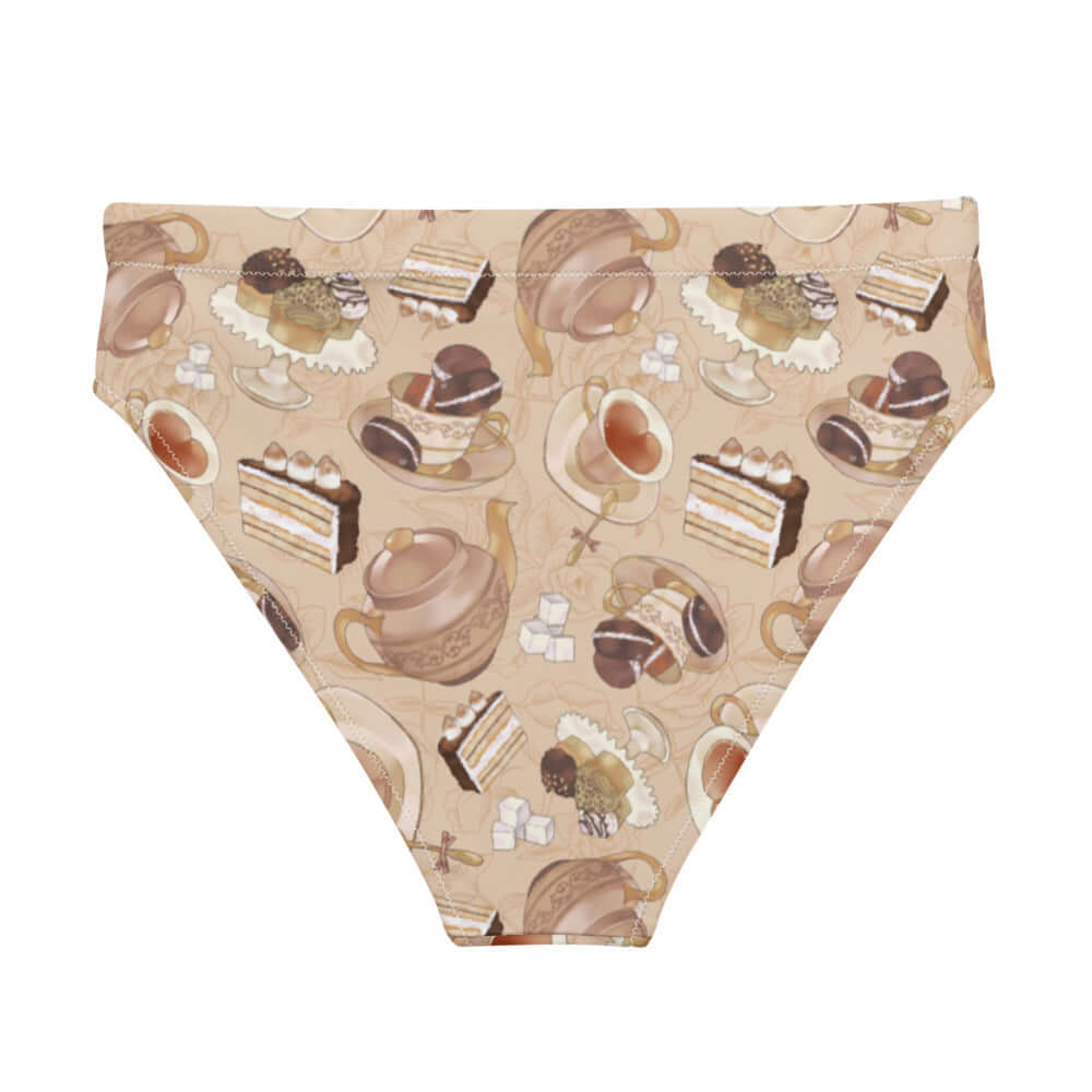 High-waisted Café Bikini Bottom features a delightful tea-themed design, perfect for beach days or spa visits.