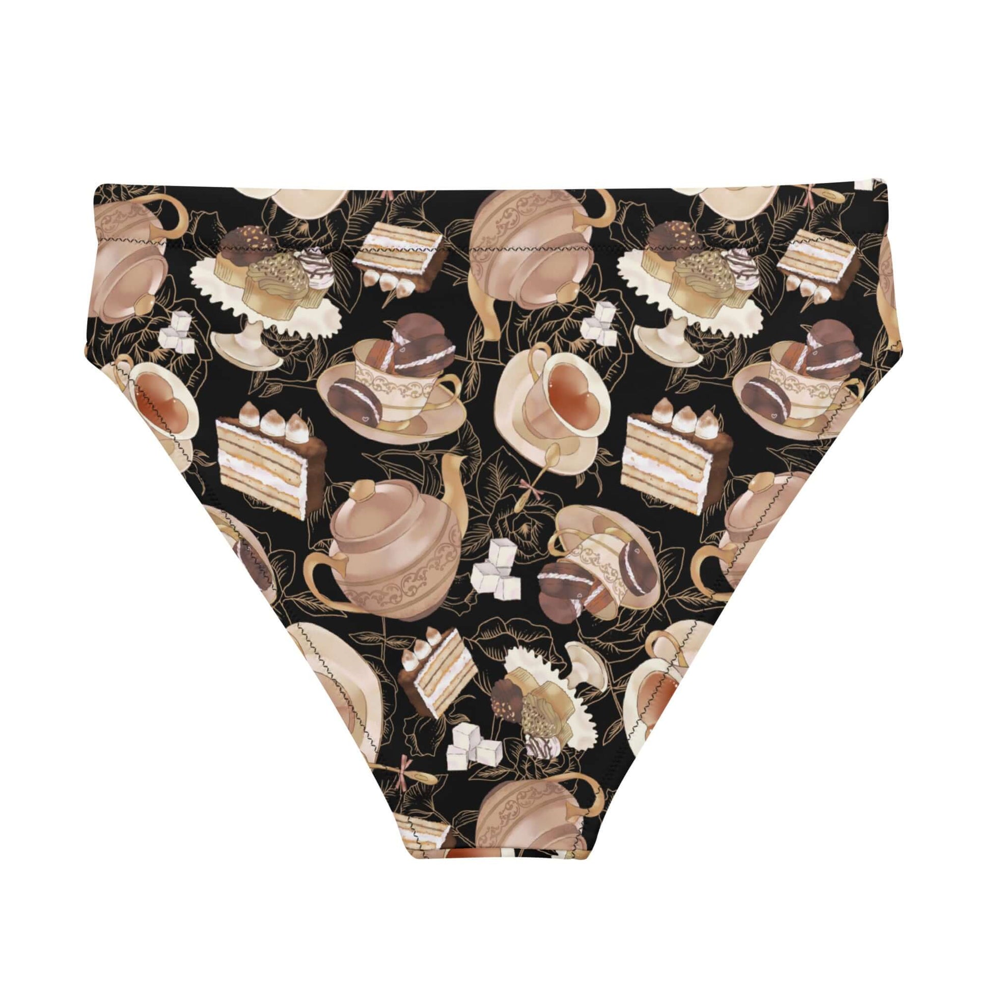 Stylish high-waisted Café Bikini Bottom featuring a delightful tea and pastry print, perfect for beach adventures.