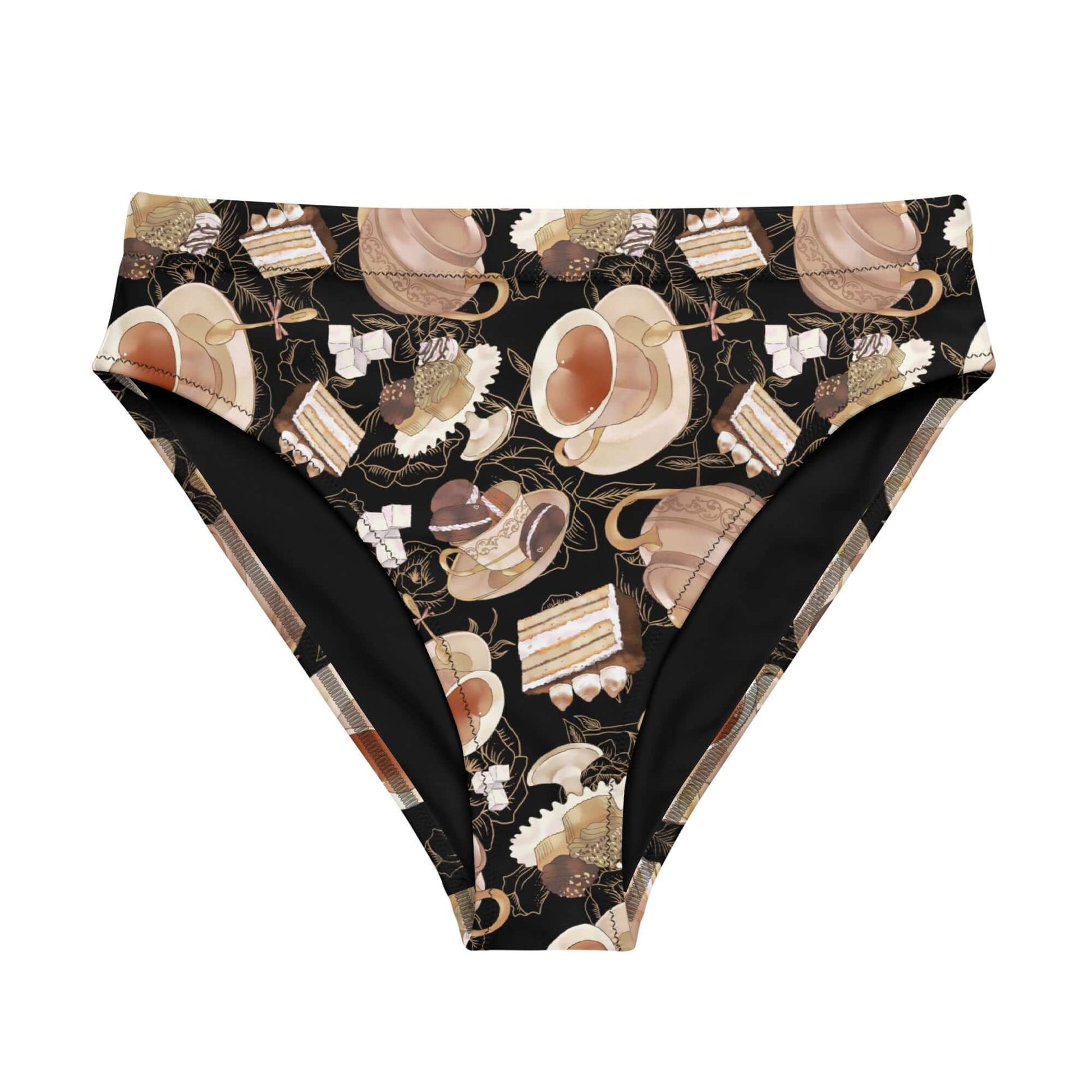 Stylish High-waisted Café Bikini Bottom featuring a delightful teatime print, perfect for beach days or spa visits.