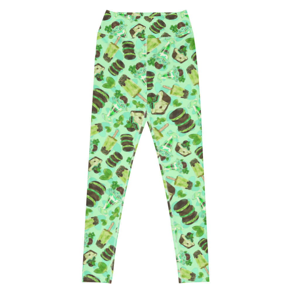 Stylish High-waisted Choco Mint Leggings featuring vibrant patterns, perfect for gym or lounging in comfort.
