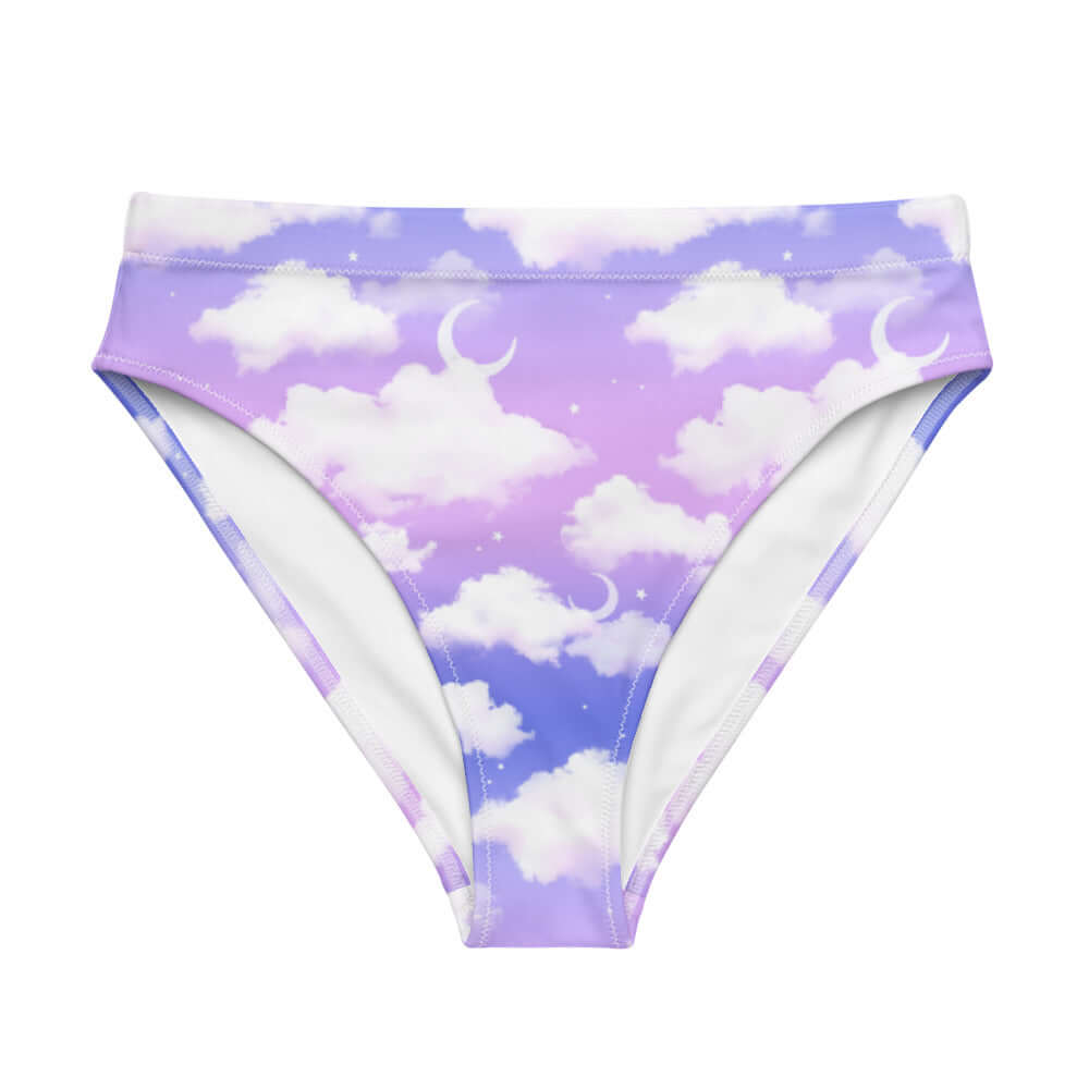 High-waisted Cloudy Sky Bikini Bottom featuring a dreamy cloud design, perfect for beach adventures and stylish relaxation.