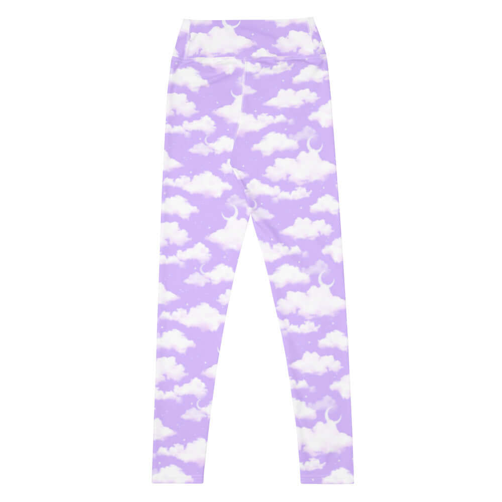 High-waisted Cloudy Sky Leggings in soft lavender with a dreamy cloud pattern, perfect for workouts or casual outings.