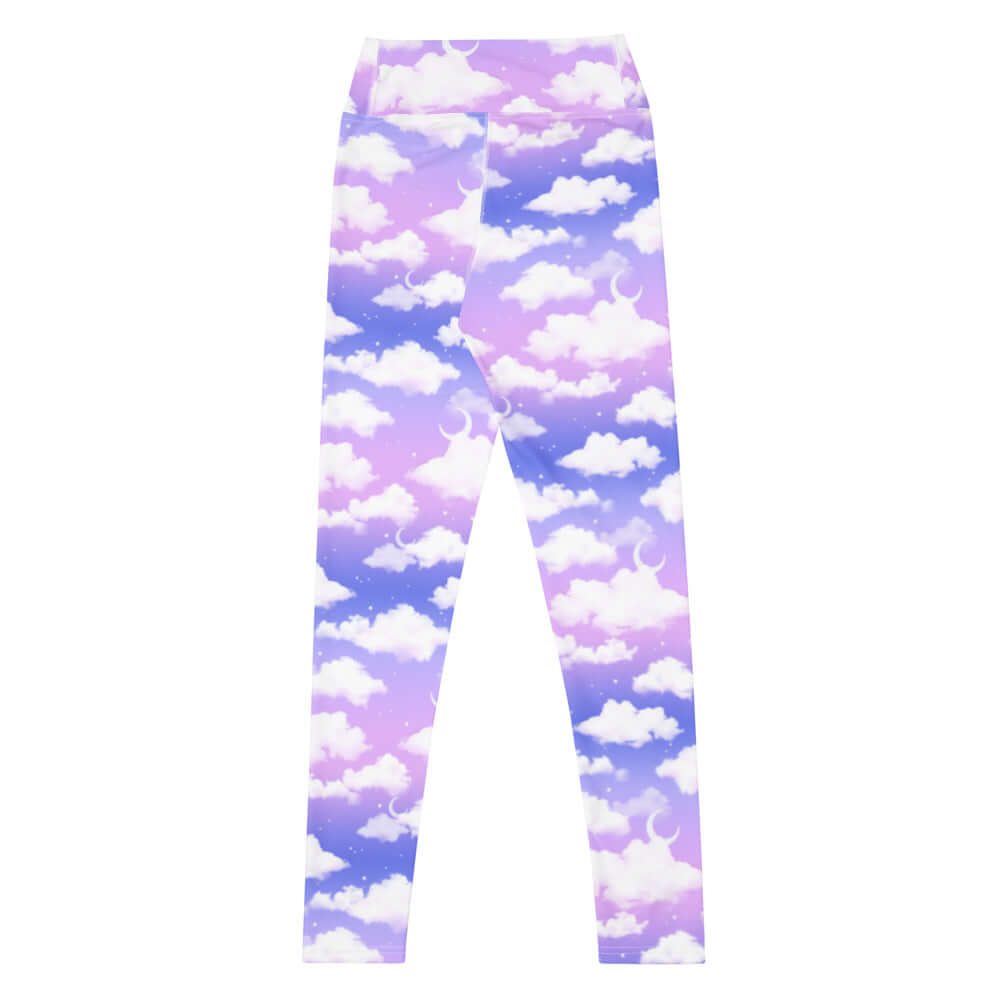 High-waisted Cloudy Sky Leggings feature a vibrant cloud design, perfect for workouts or casual outings.