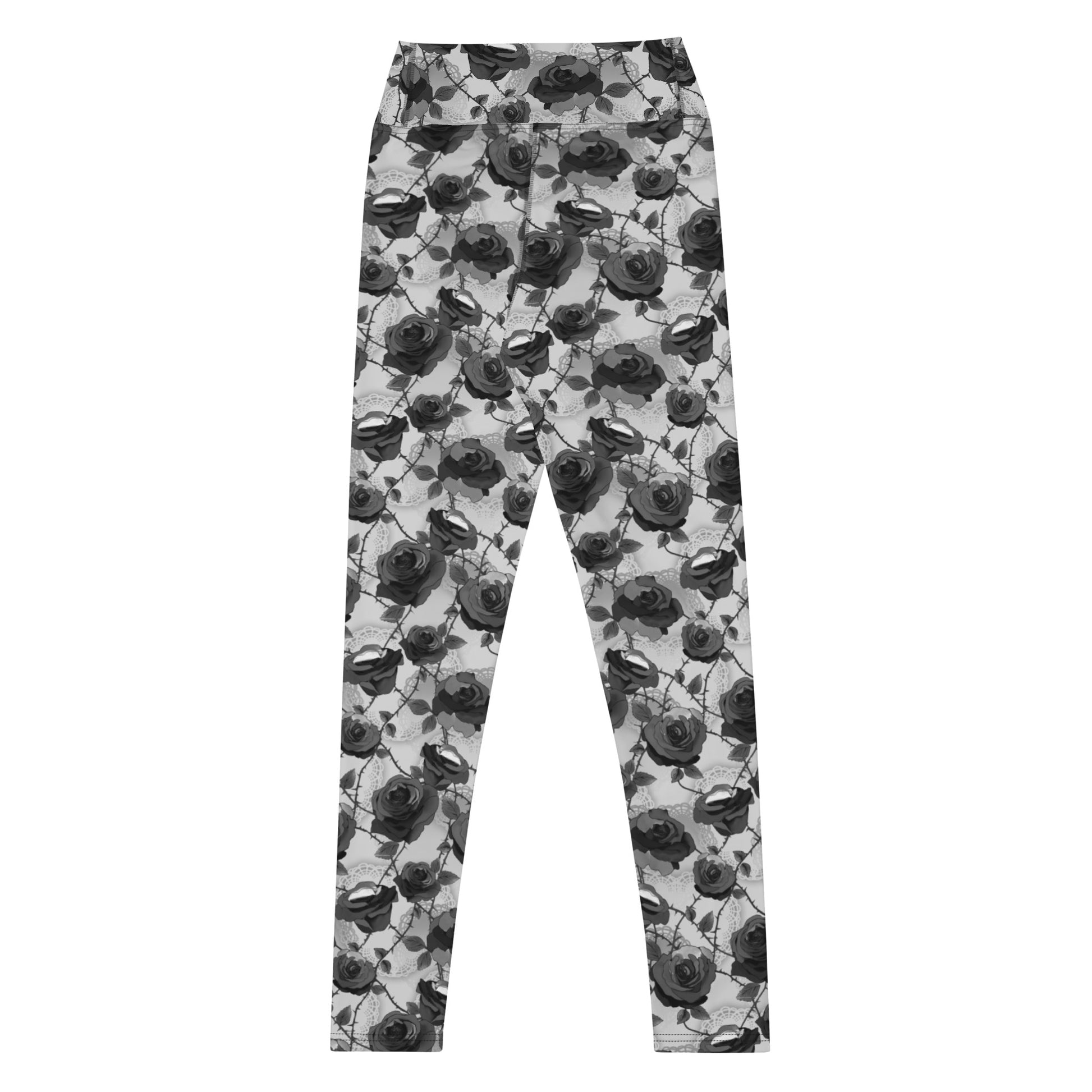 Stylish High-waisted Enchanted Rose Leggings adorned with elegant rose blossoms for a flattering look and comfort.