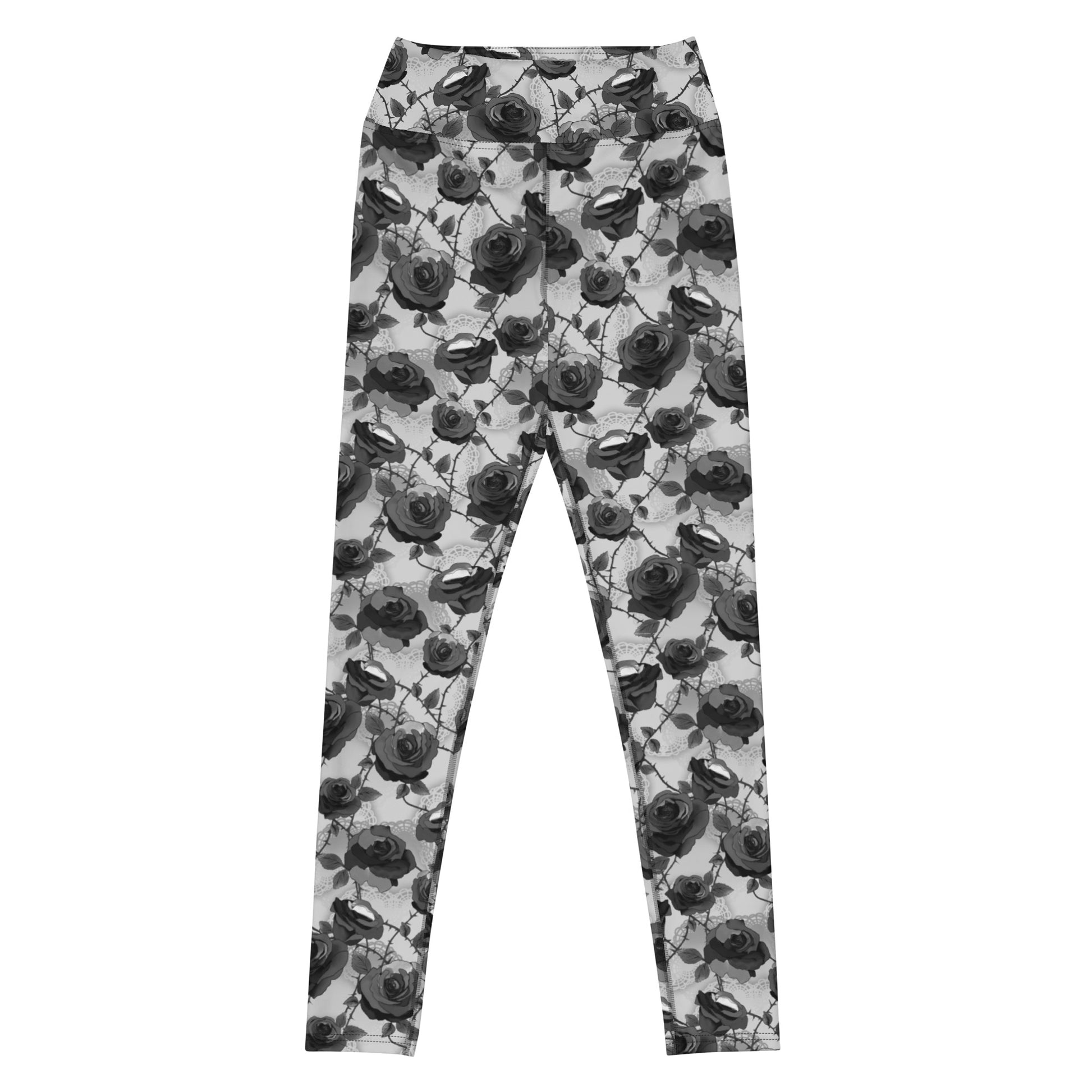 High-waisted Enchanted Rose Leggings featuring elegant rose patterns, perfect for style and performance.