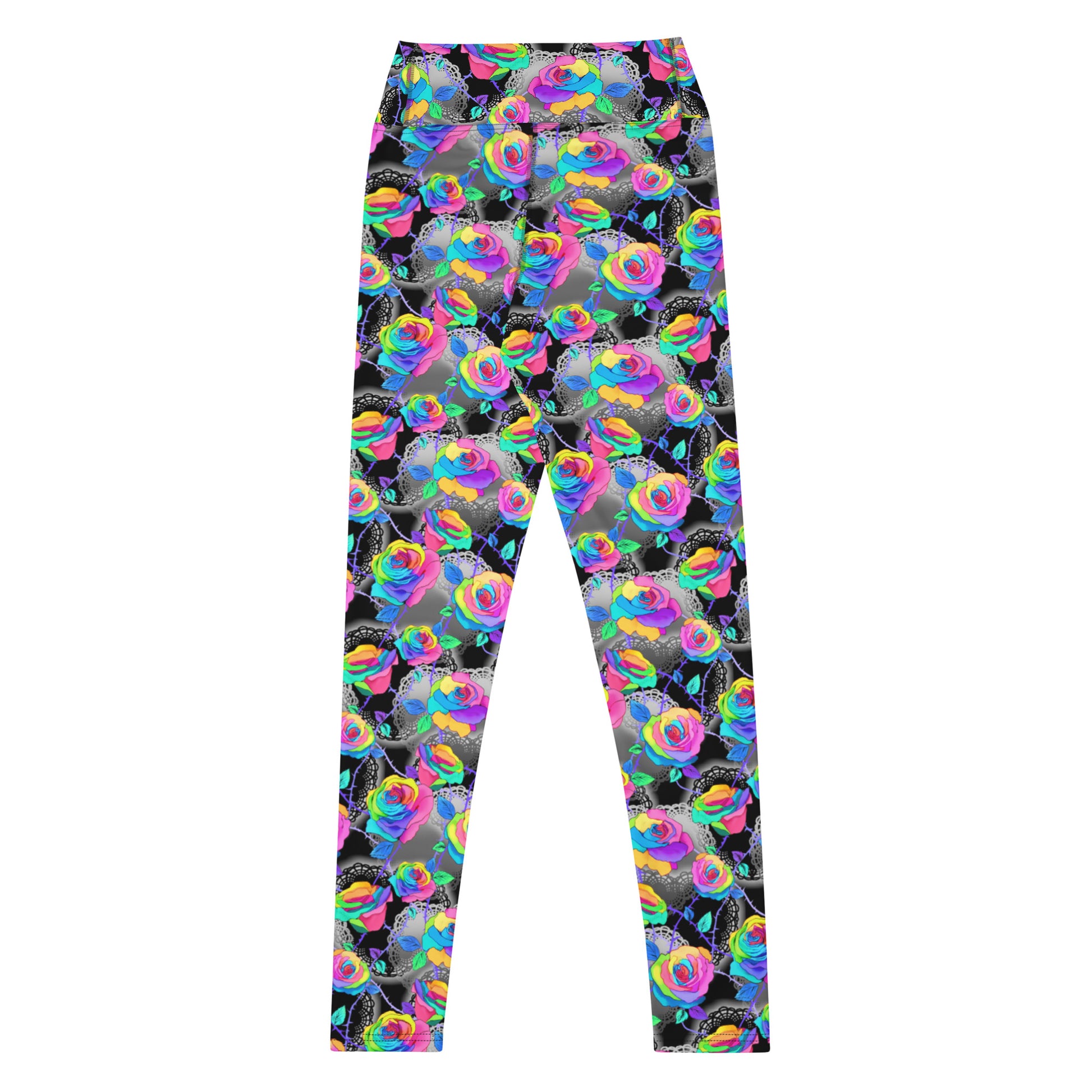 High-waisted Enchanted Rose Leggings featuring vibrant rose patterns for stylish comfort and performance.