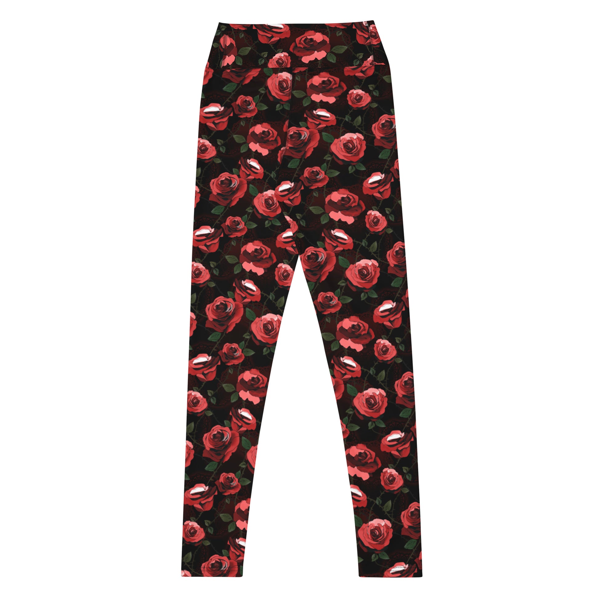High-waisted Enchanted Rose Leggings feature elegant rose blossoms, perfect for style and performance.