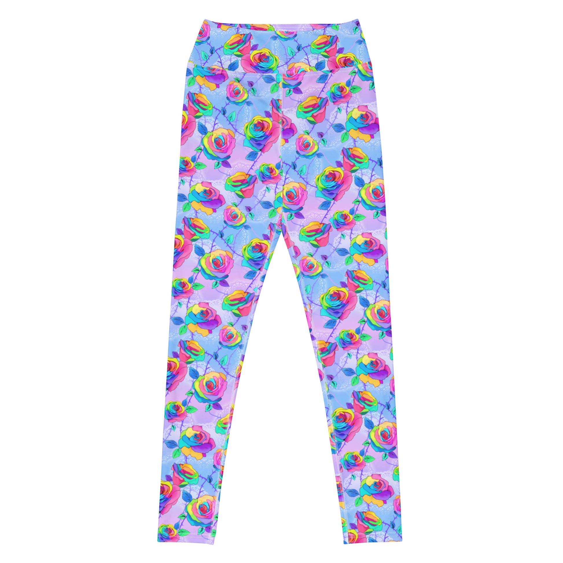 Elevate your style with High-waisted Enchanted Rose Leggings featuring vibrant rose patterns and a comfortable fit.