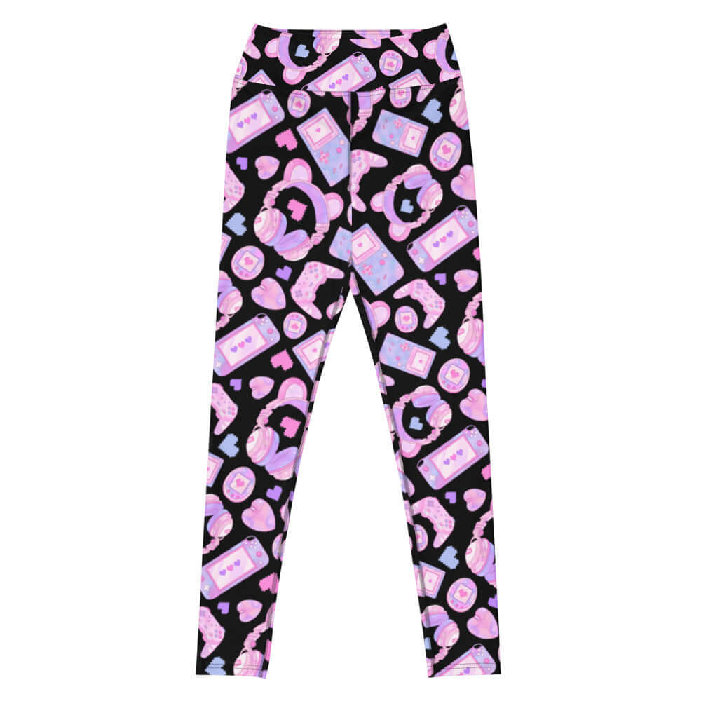 Stylish High-waisted Gamer Girl Leggings featuring playful gaming-themed designs for a cute, active look.