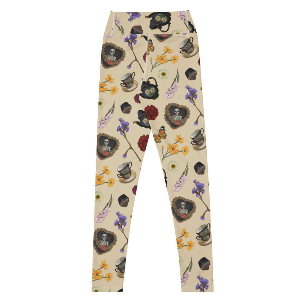 High-waisted Gothic Tea Time Leggings feature elegant floral patterns and tea ware, perfect for a stylish goth look.