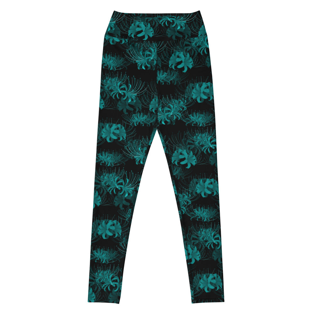 Stylish High-waisted Higanbana Leggings in vibrant floral design, perfect for yoga and gym workouts.
