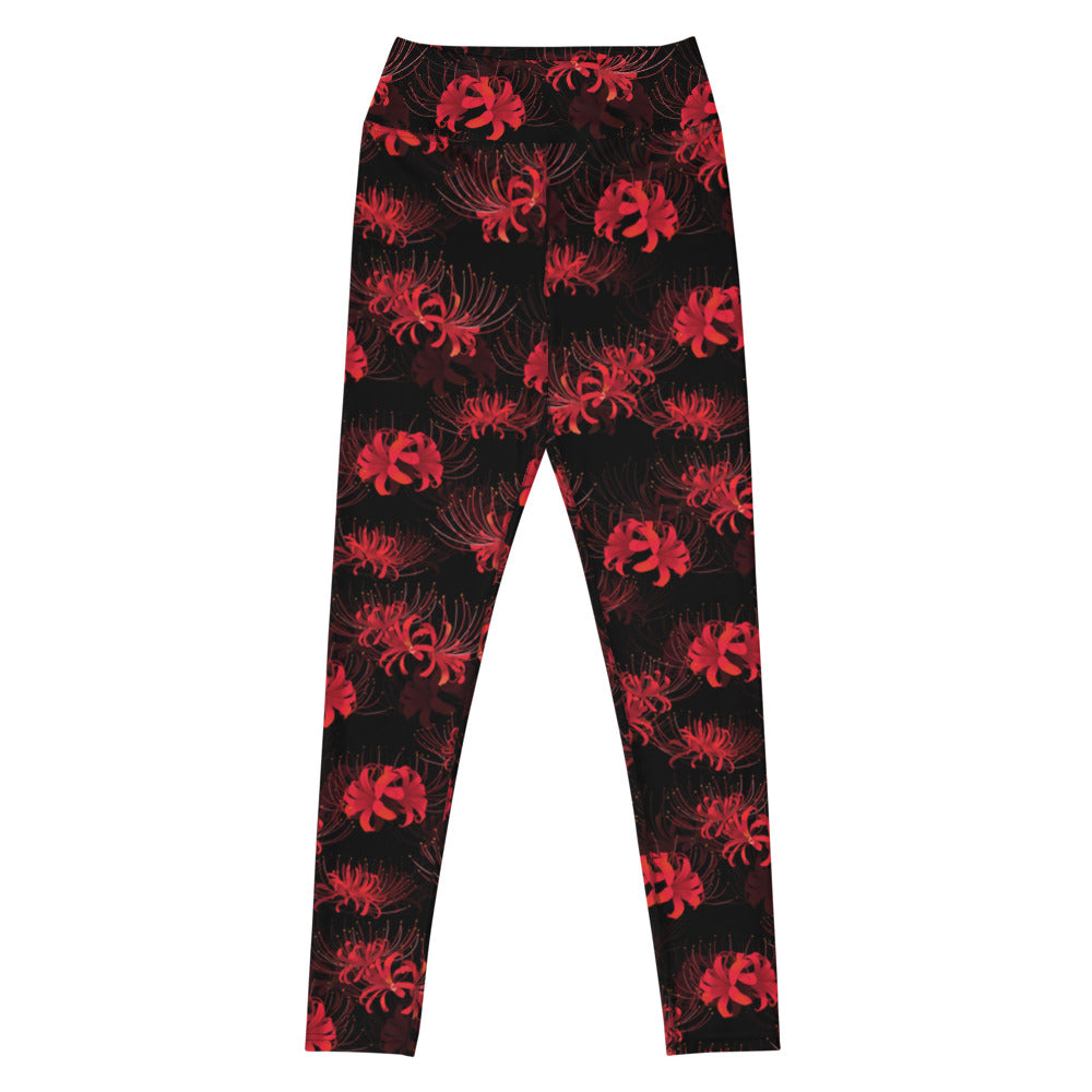 Stylish High-waisted Higanbana Leggings in floral print, perfect for yoga and gym workouts.