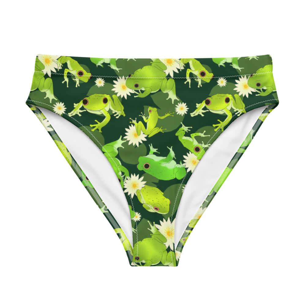 Stylish High-waisted Kero-kero Bikini Bottom featuring vibrant frog patterns, perfect for beach or spa days.
