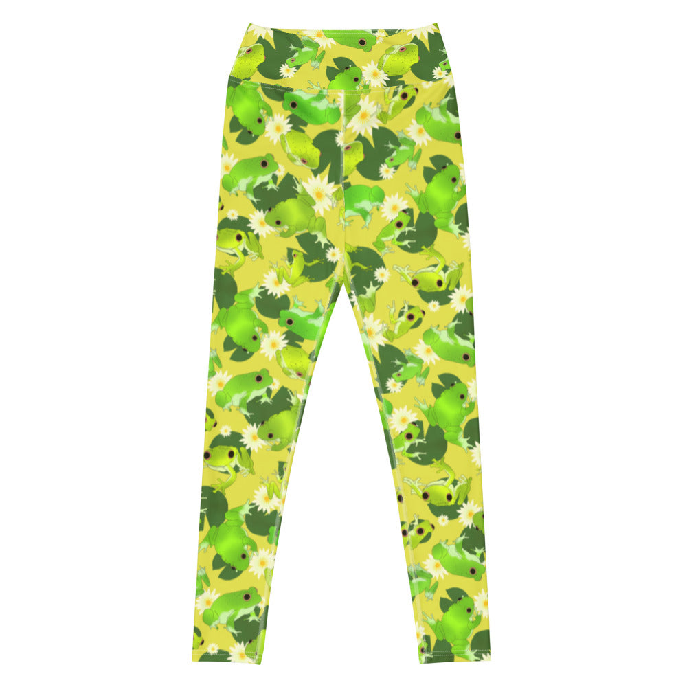 Colorful high-waisted Kero-kero leggings featuring fun frog and flower patterns, perfect for comfort and style.