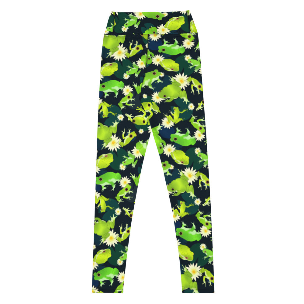High-waisted Kero-kero Leggings featuring a vibrant frog and lily pad design for ultimate comfort and style.