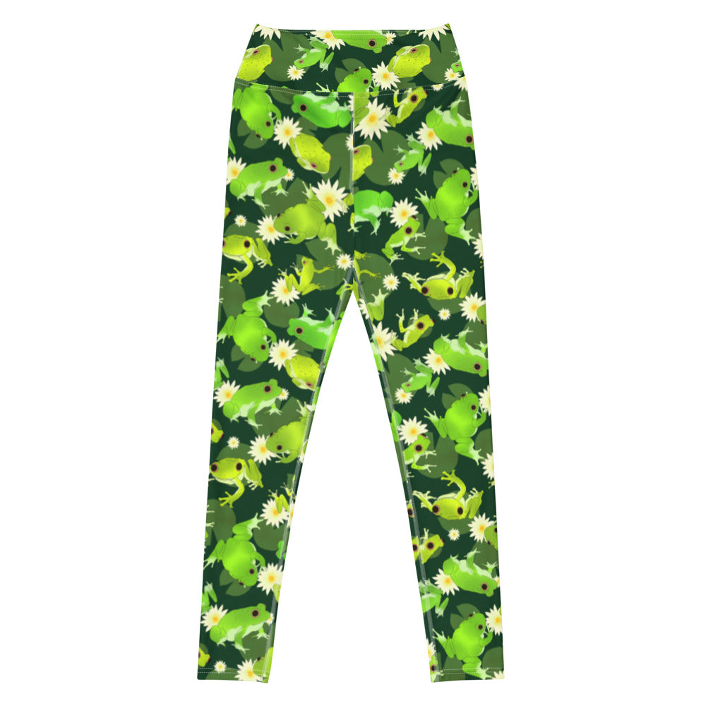 High-waisted Kero-kero Leggings in vibrant green frog print, perfect for comfort and style during workouts.