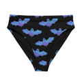 Stylish High-waisted Lilith Bikini Bottom with a bat print, perfect for beach adventures and comfort.