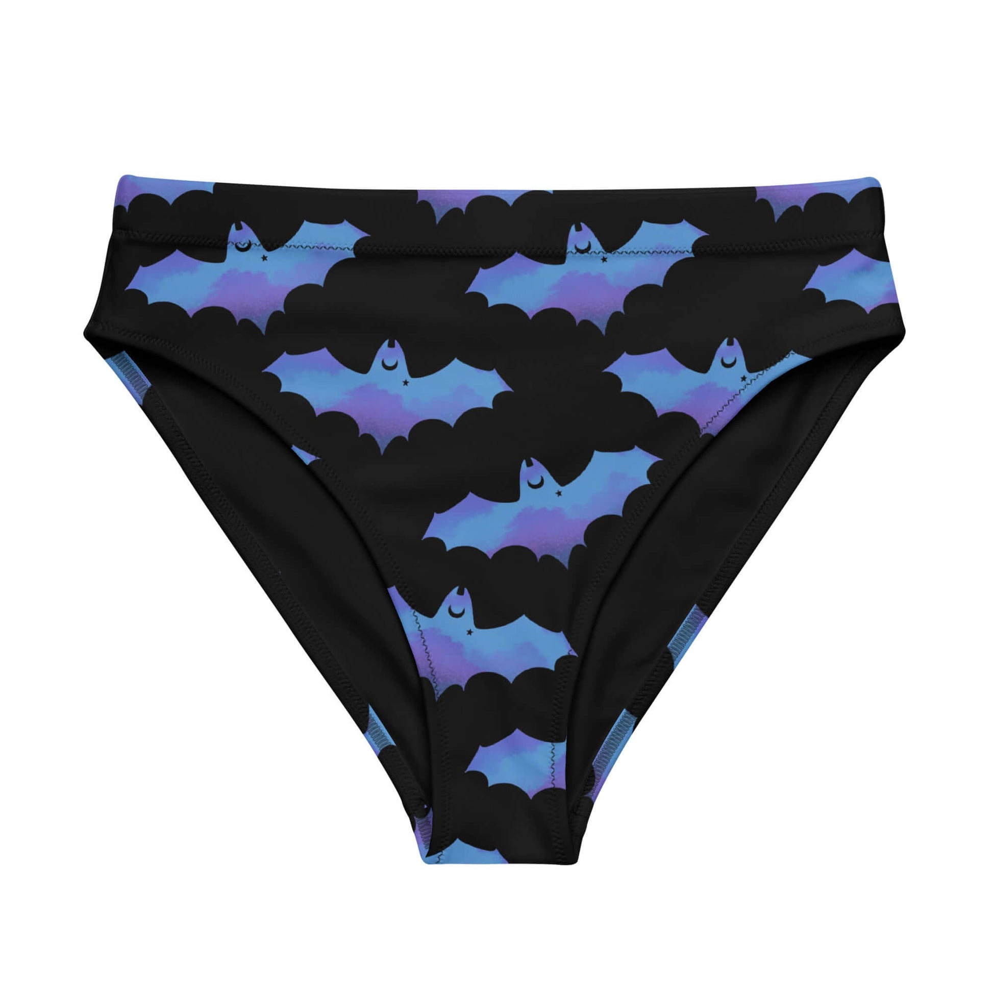 Stylish High-waisted Lilith Bikini Bottom with a bat print, perfect for beach adventures and comfort.