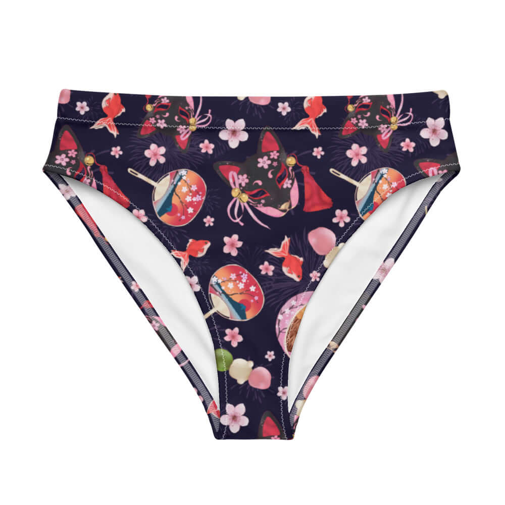 Stylish High-waisted Matsuri Bikini Bottom featuring vibrant patterns, perfect for a trendy beach day.