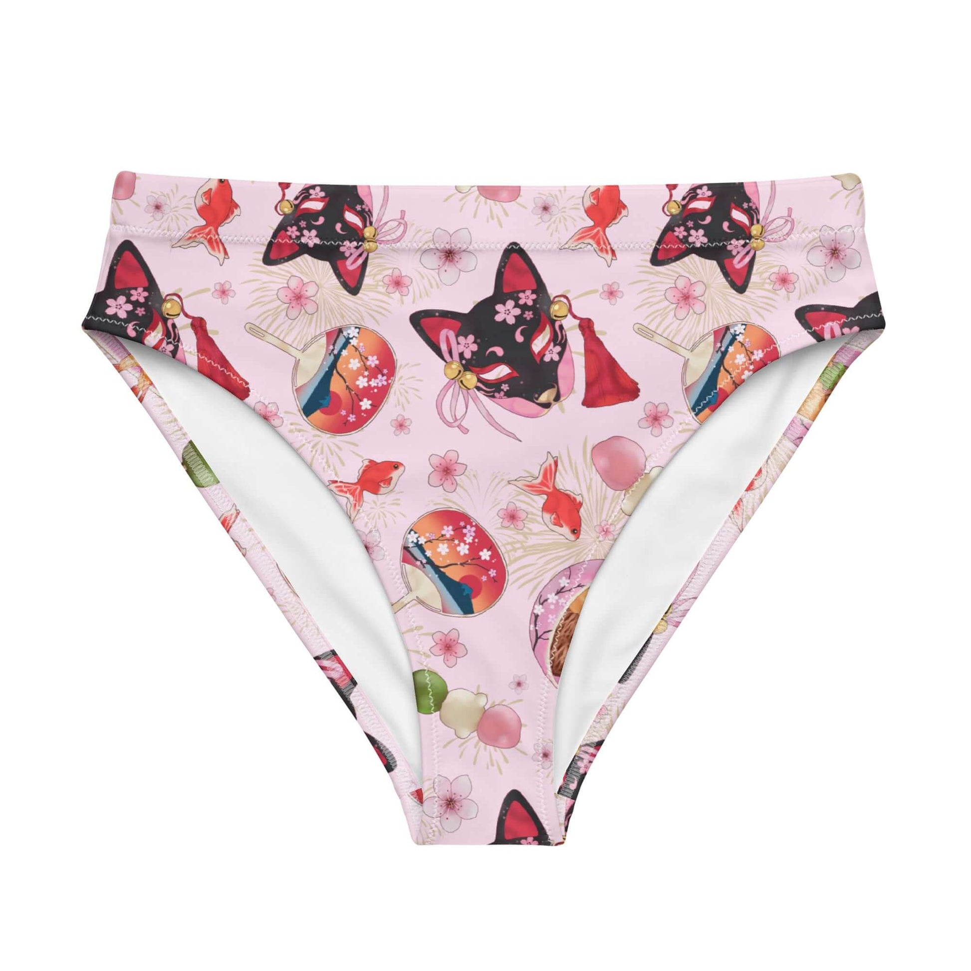 Stylish High-waisted Matsuri Bikini Bottom in pink with vibrant prints, perfect for summer beach adventures.