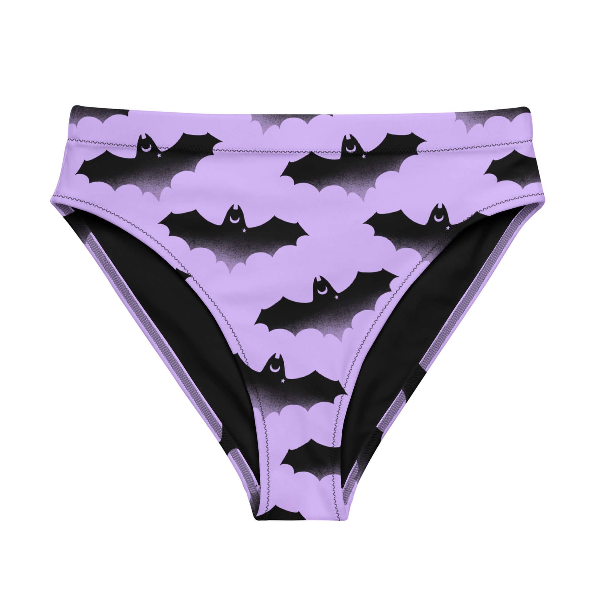 High-waisted Morrigan Bikini Bottom in lavender with bat print, perfect for beach days and stylish comfort.