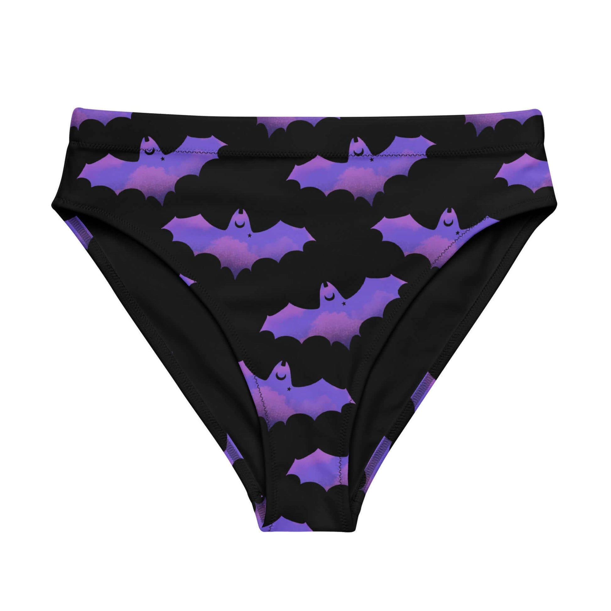 High-waisted Morrigan Bikini Bottom featuring a playful bat pattern, perfect for beach adventures in style.