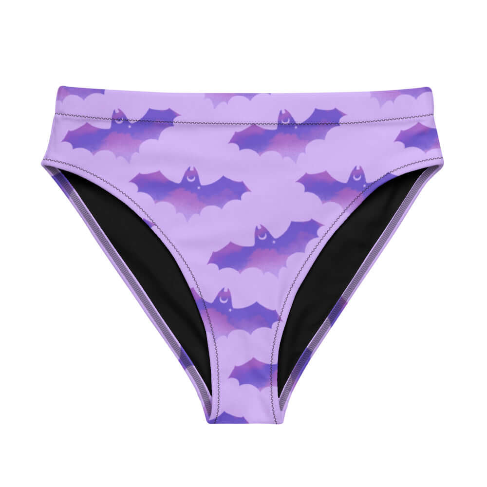Elevate your beach style with the High-waisted Morrigan Bikini Bottom, featuring a playful bat print and comfy fit.