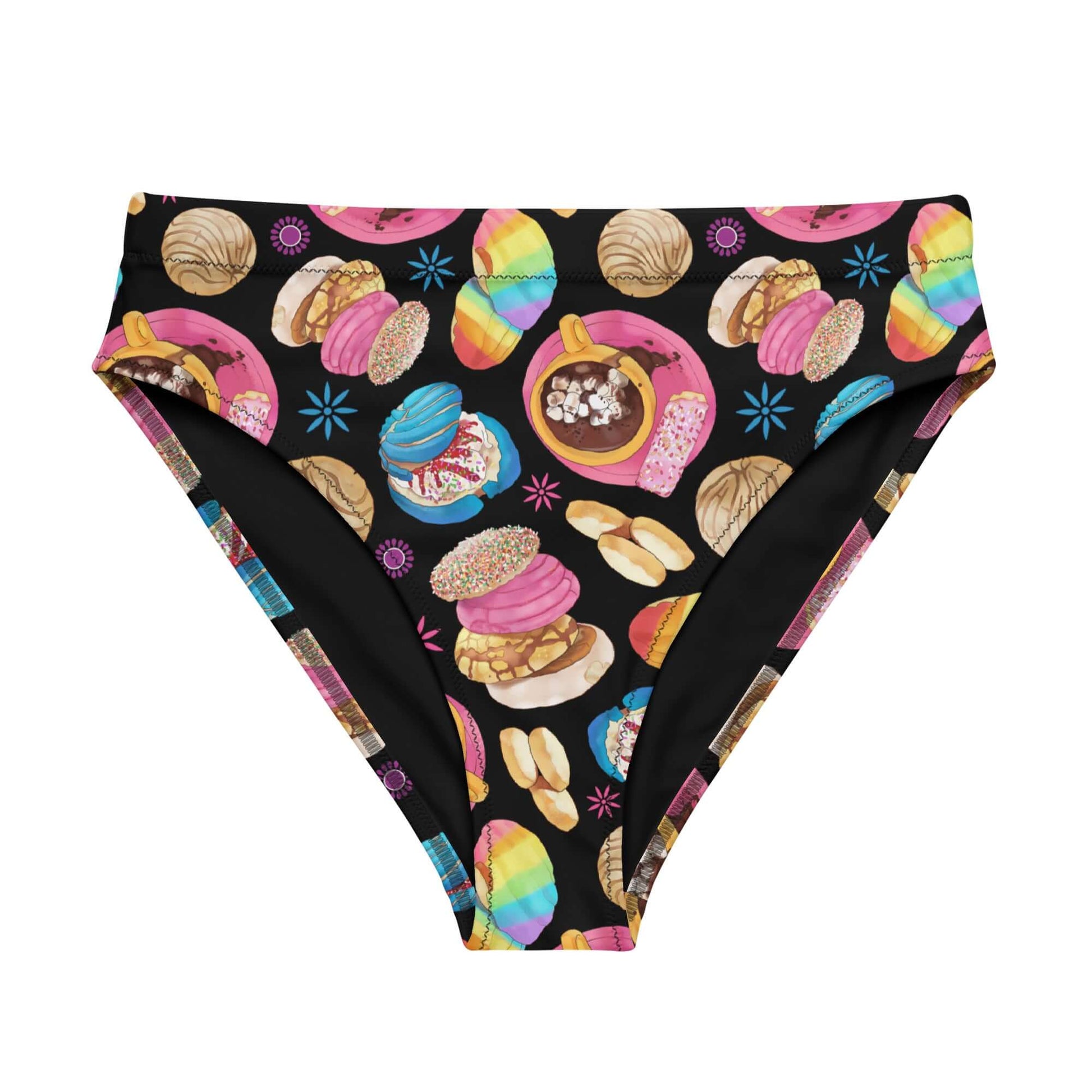 High-waisted Pan Dulce Bikini Bottom featuring colorful baked goods print, perfect for beach days from your favorite store.