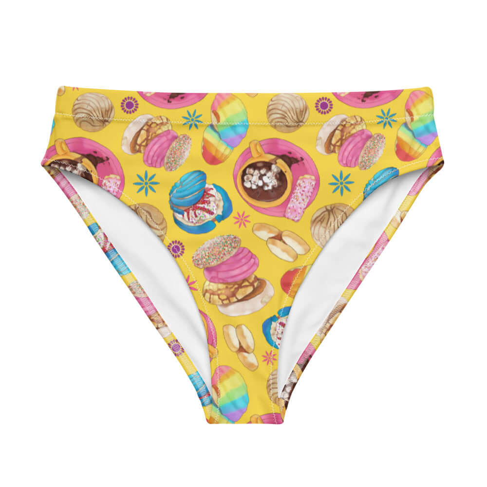 High-waisted Pan Dulce Bikini Bottom featuring colorful baked goods, perfect for beach days or relaxing spa visits.