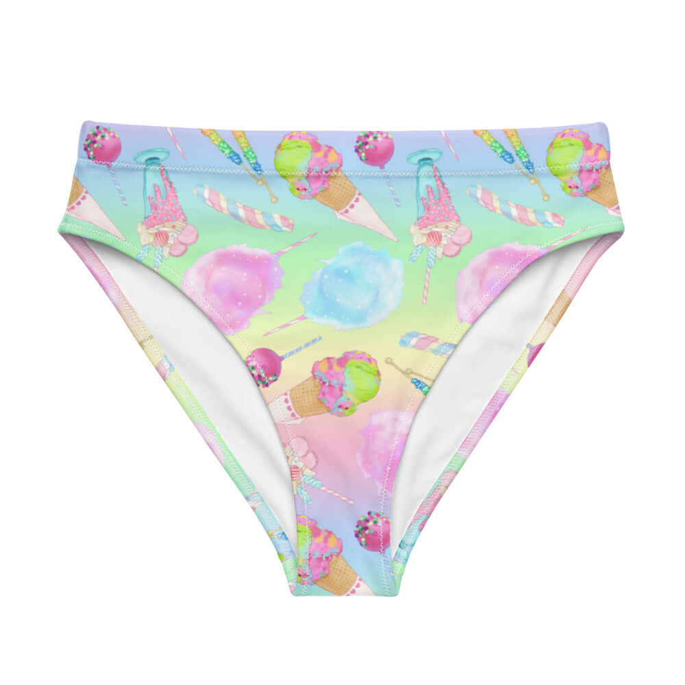 Bright and fun, the High-waisted Rainbow Candy Bikini Bottom is perfect for beach days or spa visits.