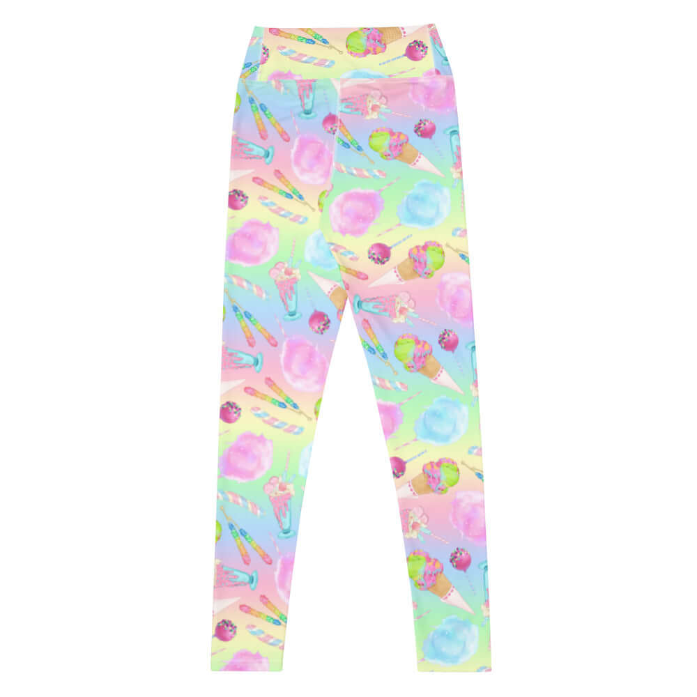 Colorful High-waisted Rainbow Candy Leggings featuring sweet treats, perfect for a stylish and comfy look.