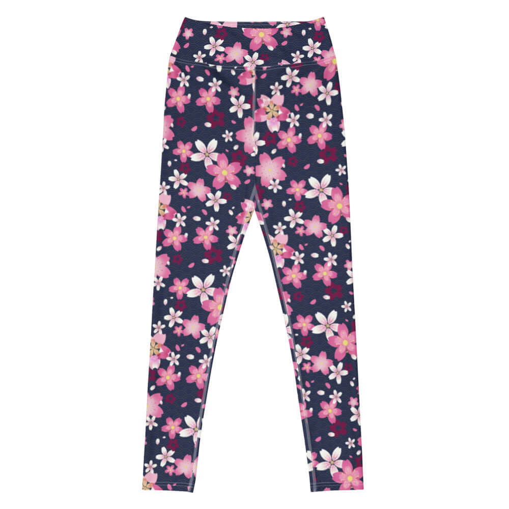 High-waisted Sakura Leggings feature a vibrant floral design, perfect for spring workouts and stylish outings.