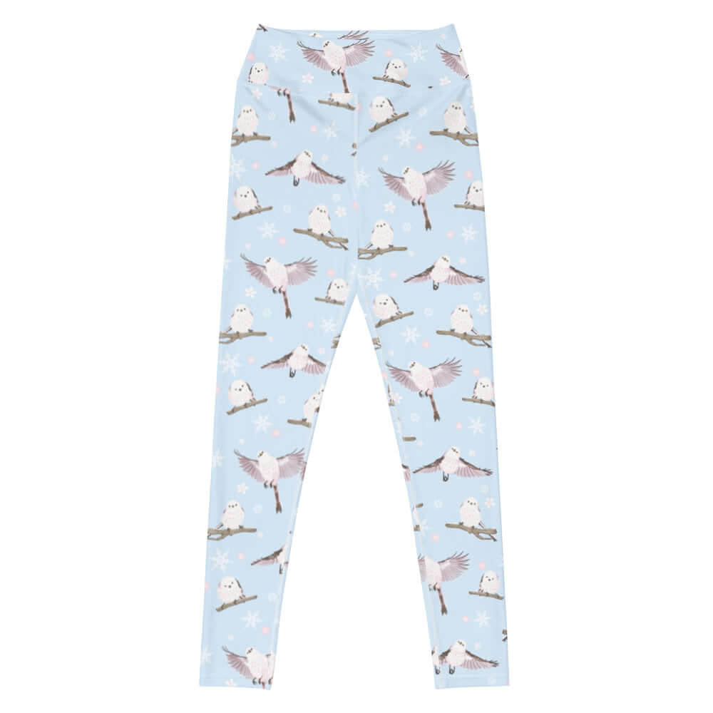 High-waisted Snow Bird Leggings feature a pastel bird print, perfect for stylish winter comfort this season.