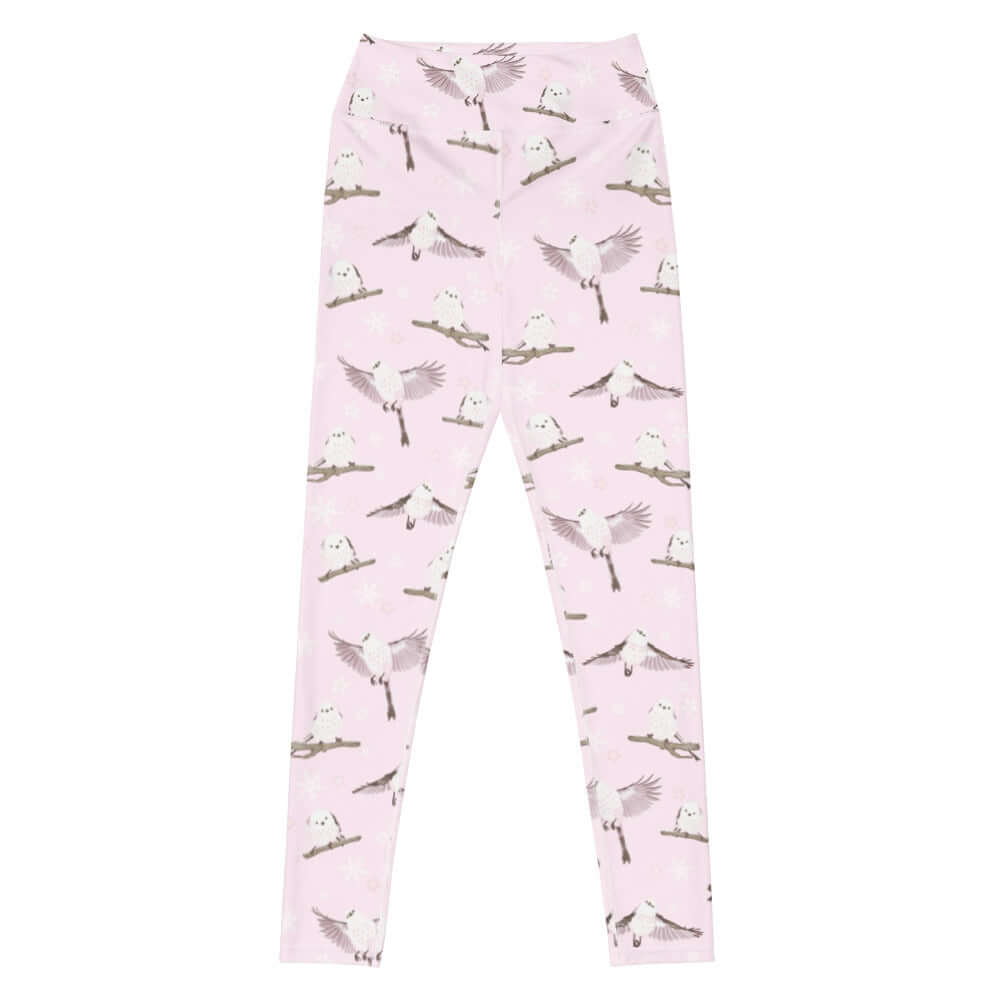 Stylish High-waisted Snow Bird Leggings feature a soft pastel print, perfect for cozy winter days.