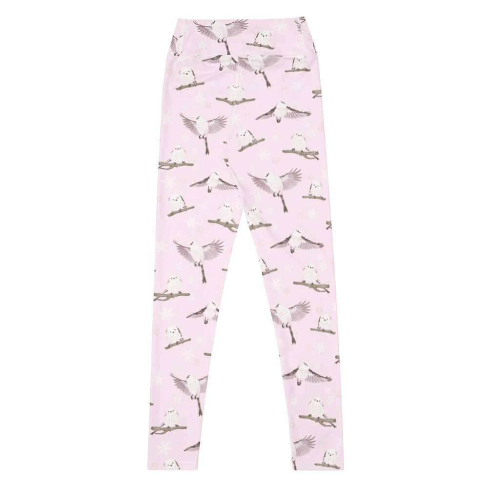 High-waisted Snow Bird Leggings feature a pastel print of birds, perfect for winter comfort and style.