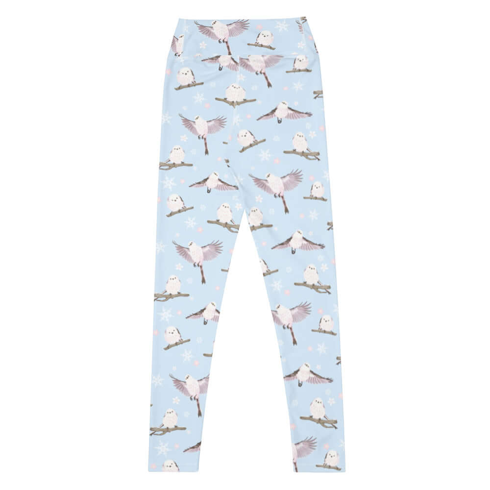 High-waisted Snow Bird Leggings featuring a cute bird print and soft pastel colors, perfect for winter wear.