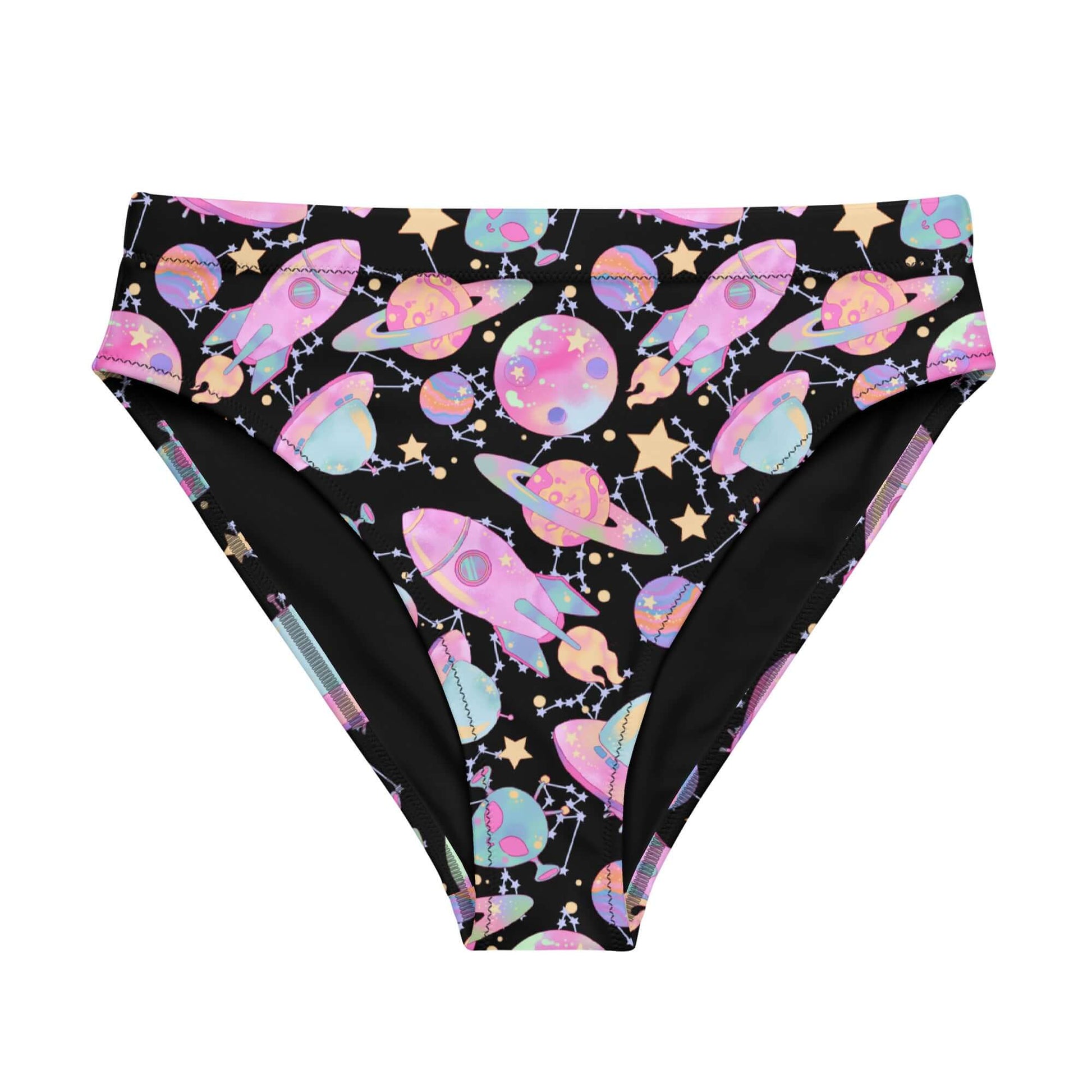Elevate your swim style with the high-waisted Space Bikini Bottom, featuring a vibrant cosmic print for a stellar look.
