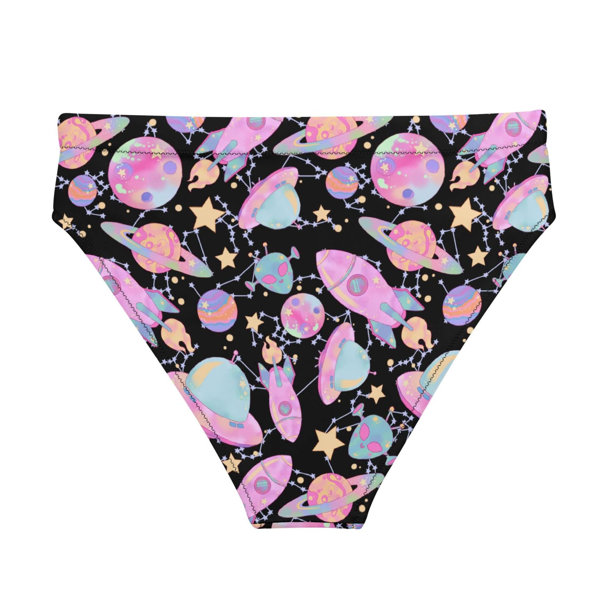 Stylish high-waisted Space Bikini Bottom featuring a fun celestial print, perfect for beach days or spa visits.