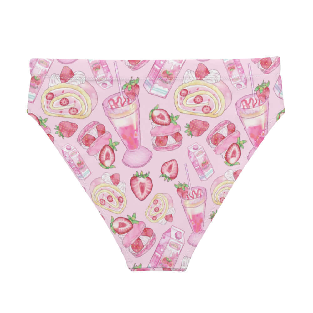 High-waisted Strawberry Bikini Bottom features a fun strawberry print, perfect for a stylish beach day.