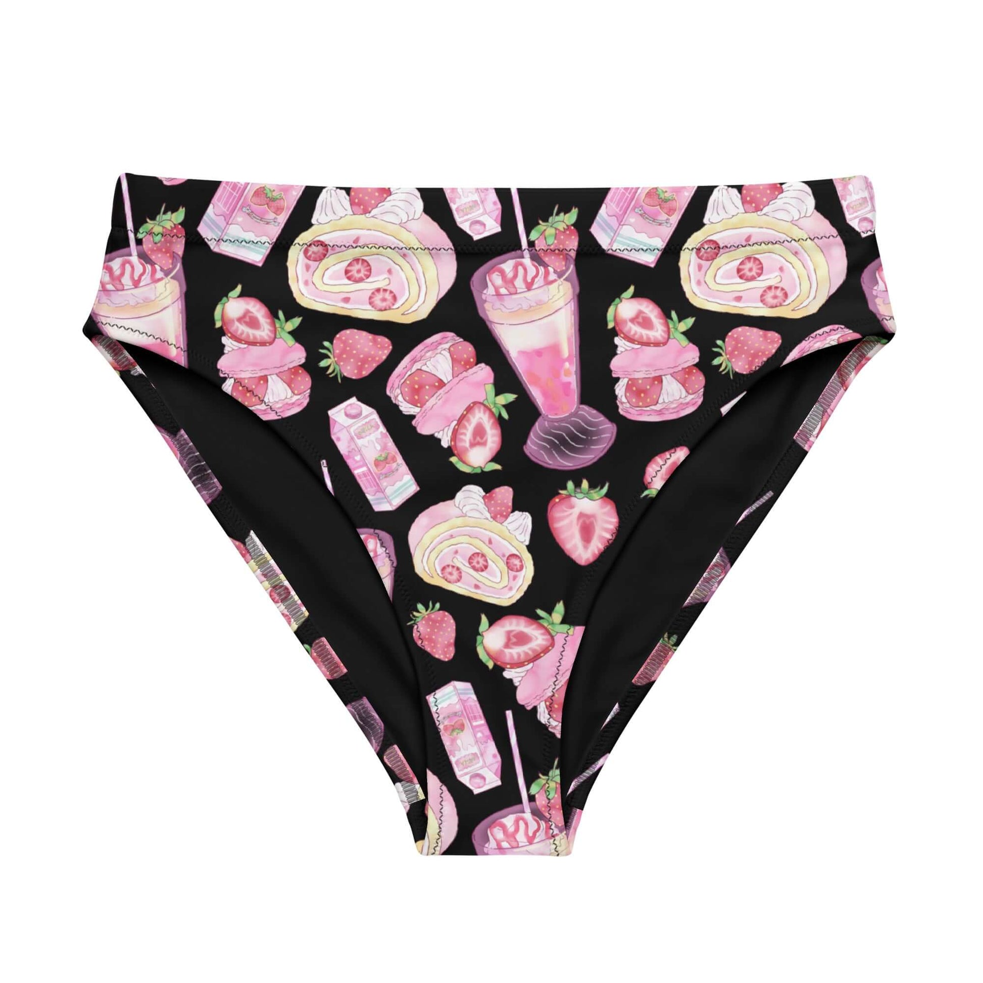 Stylish High-waisted Strawberry Bikini Bottom features a fun fruit print, perfect for a trendy beach day.