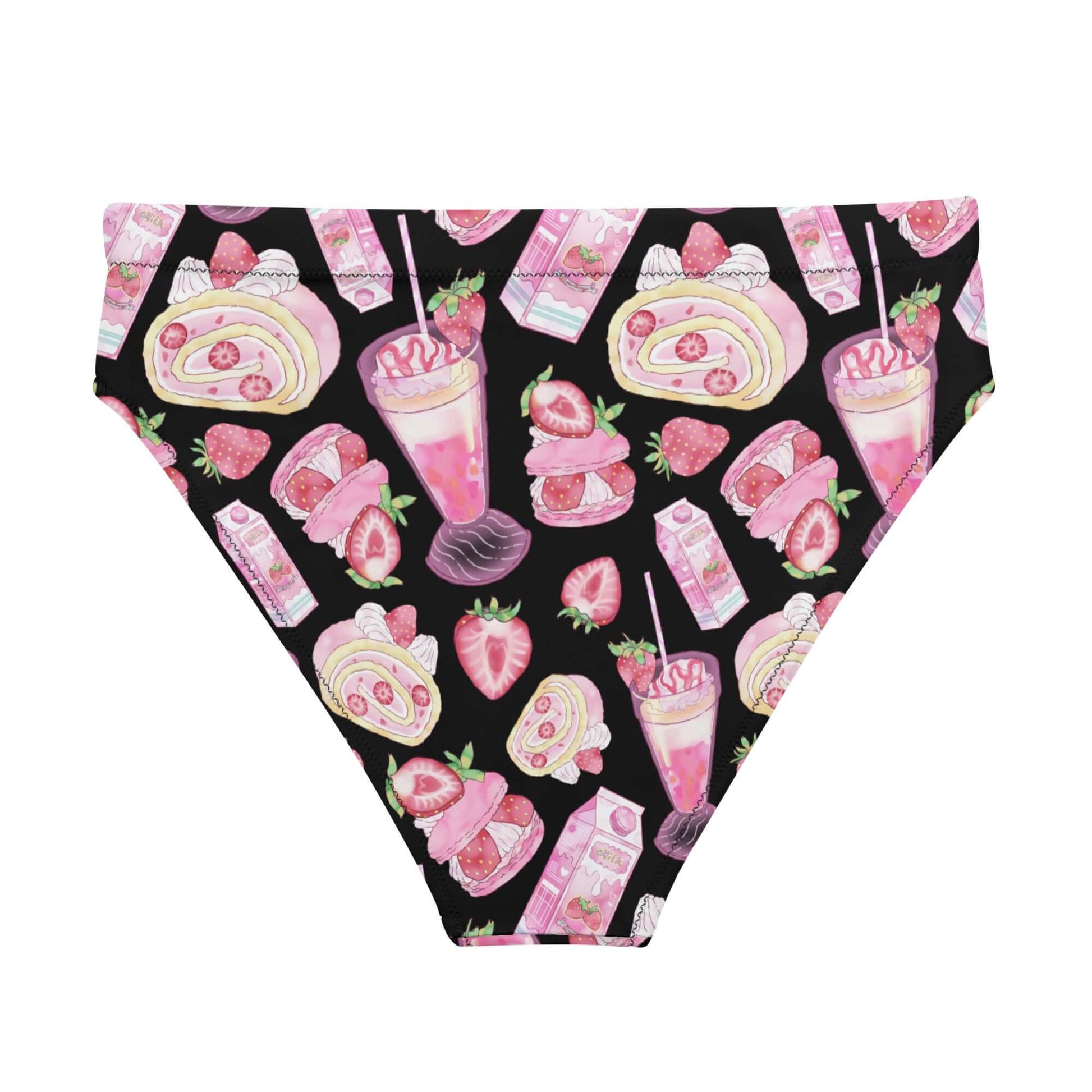 High-waisted Strawberry Bikini Bottom features a fun strawberry print, perfect for beach adventures and stylish summer vibes.