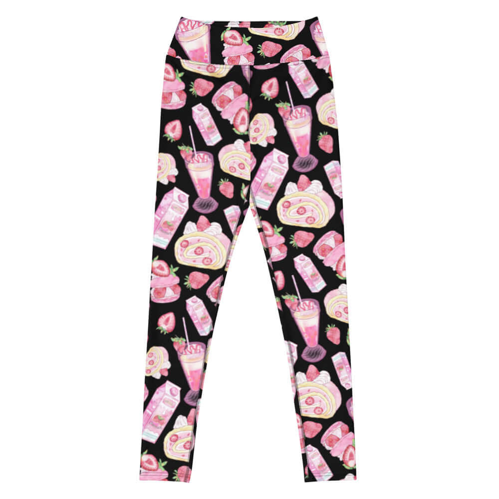 High-waisted Strawberry Leggings feature a fun strawberry print, perfect for showcasing your love for style and comfort.
