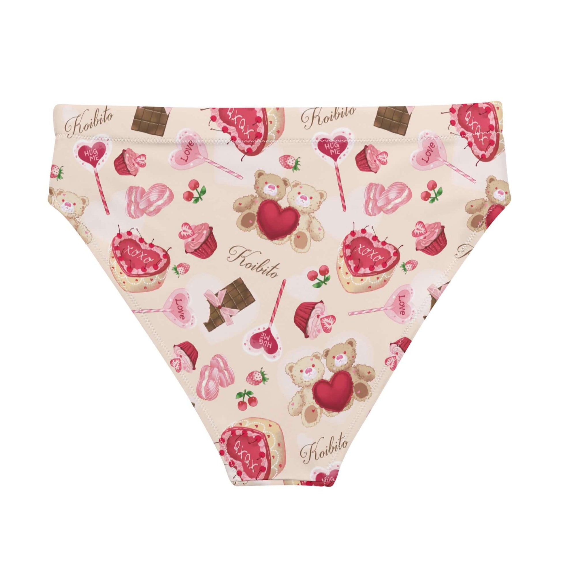 High-waisted Sugar Sweetheart Bikini Bottom features a fun pattern of sweet treats and bears, perfect for beach days.