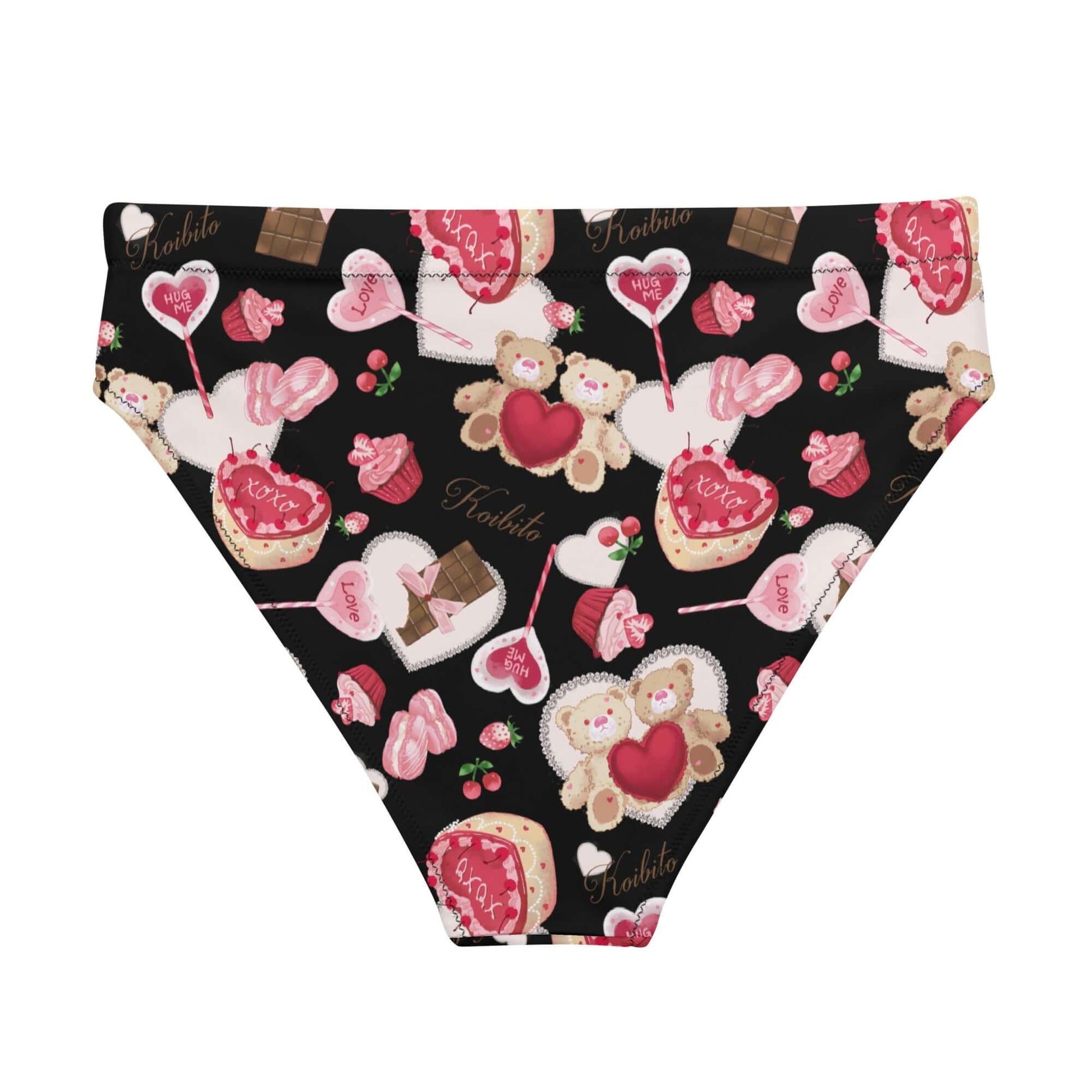 High-waisted Sugar Sweetheart Bikini Bottom featuring adorable sweet treats and bears, perfect for beach fun!
