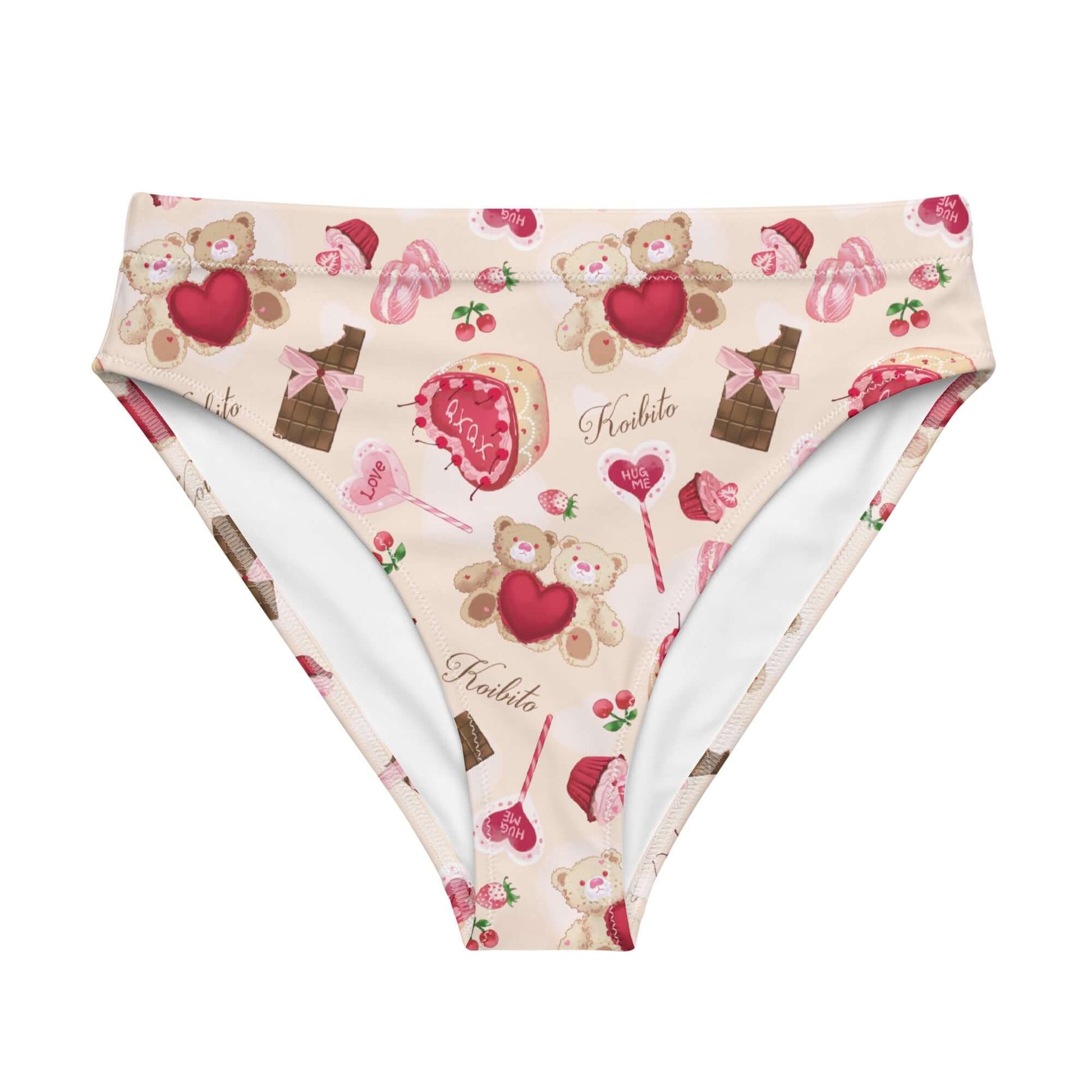 High-waisted Sugar Sweetheart Bikini Bottom featuring a cute design with treats and bears, perfect for beach fun.
