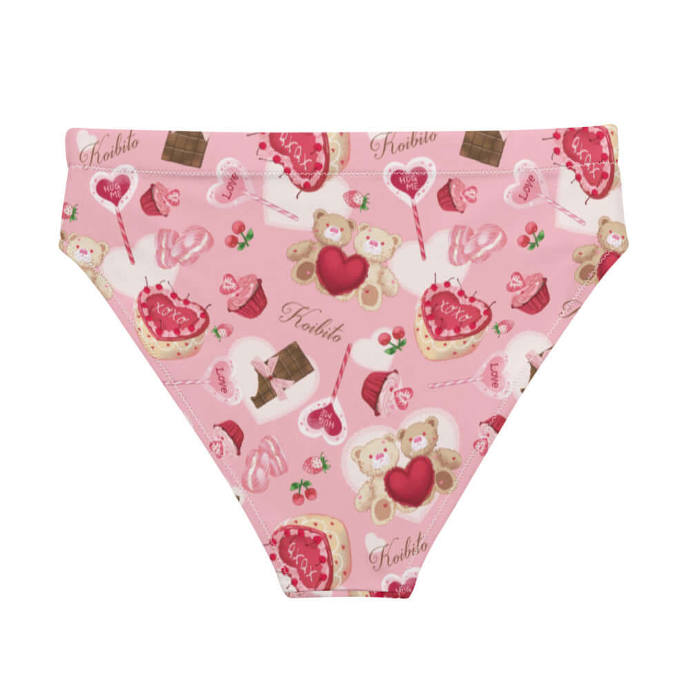 High-waisted Sugar Sweetheart Bikini Bottom features a playful design with sweet treats and fuzzy bears for beach fun.