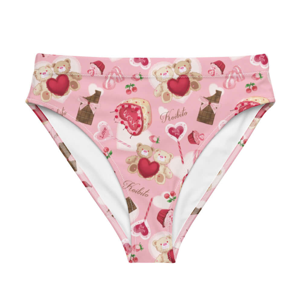 High-waisted Sugar Sweetheart Bikini Bottom featuring cute treats and bears, perfect for beach fun and comfort.