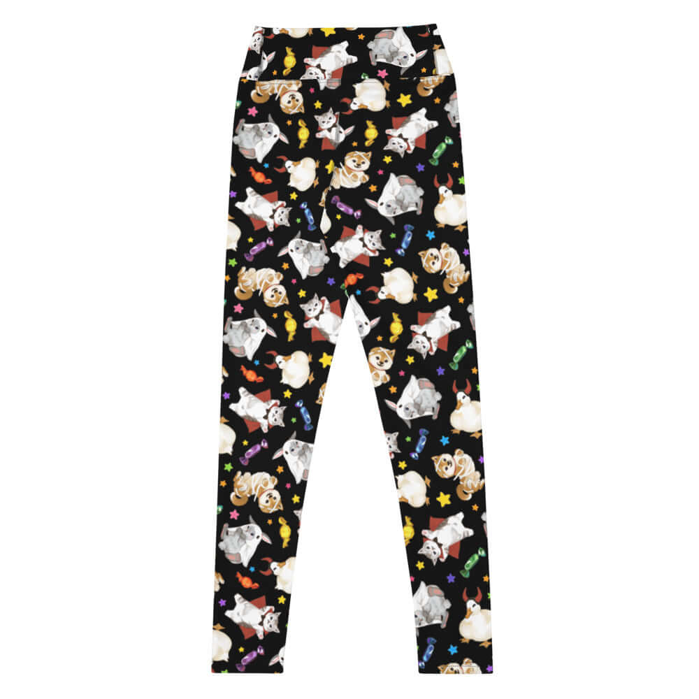 High-waisted Trick or Treaters Leggings featuring cute pets and Halloween treats, perfect for festive fun!