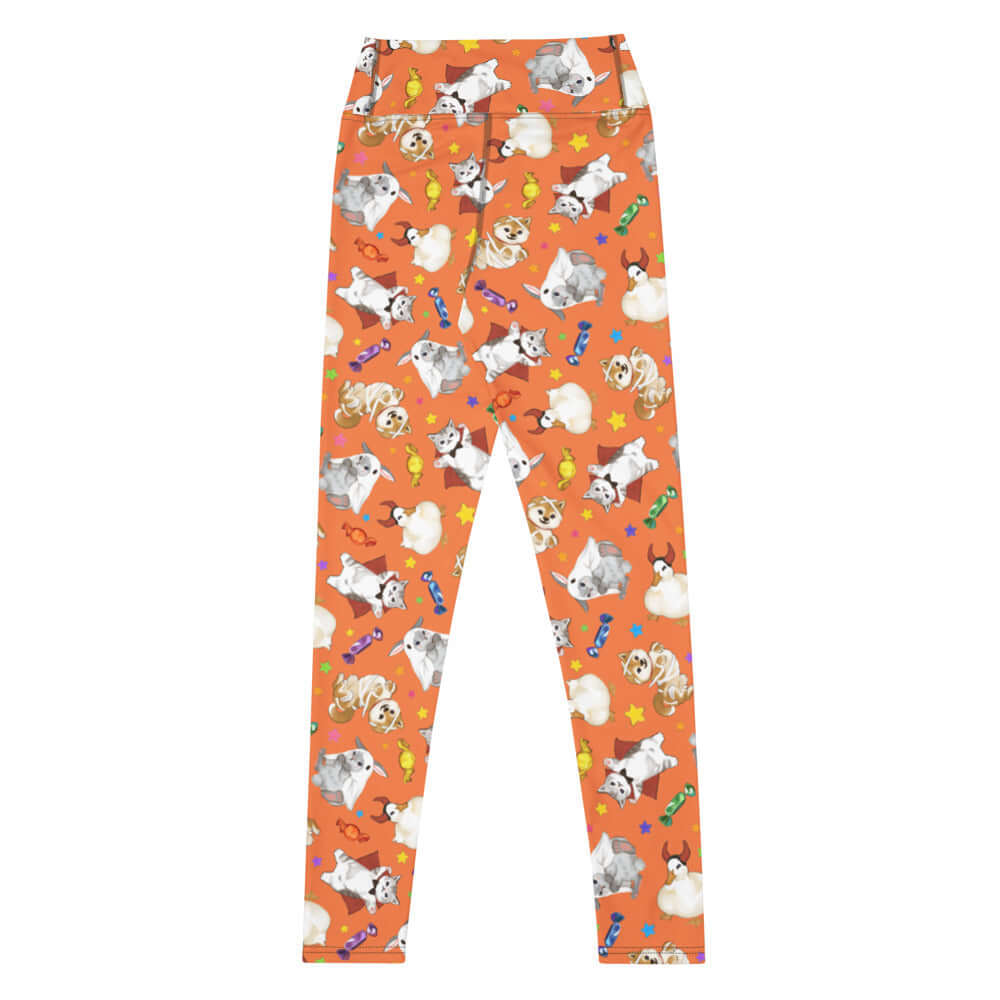 High-waisted Trick or Treaters Leggings featuring adorable dogs and festive designs, perfect for Halloween fun!