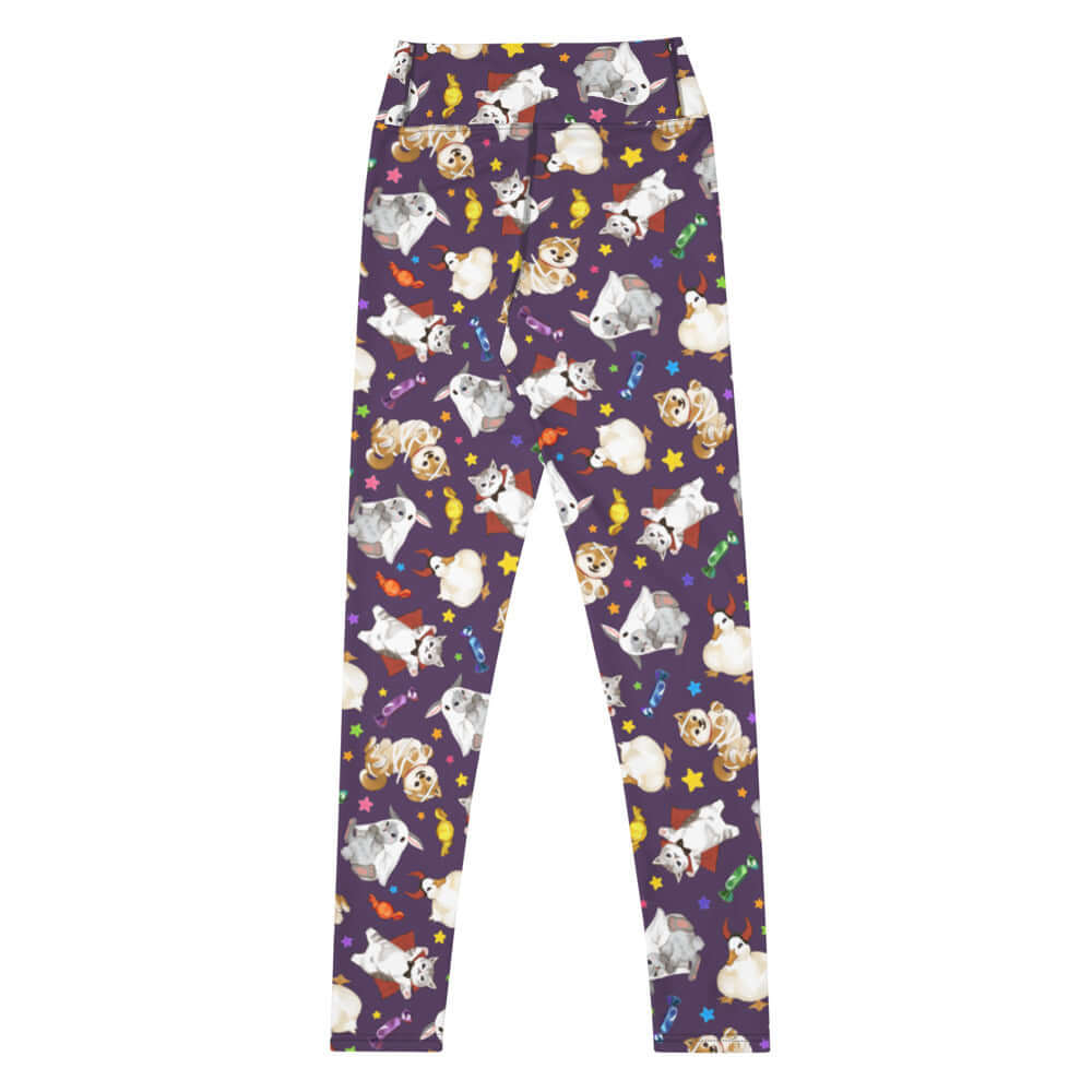 High-waisted Trick or Treaters Leggings feature playful pets in Halloween costumes, perfect for festive fun and comfort.